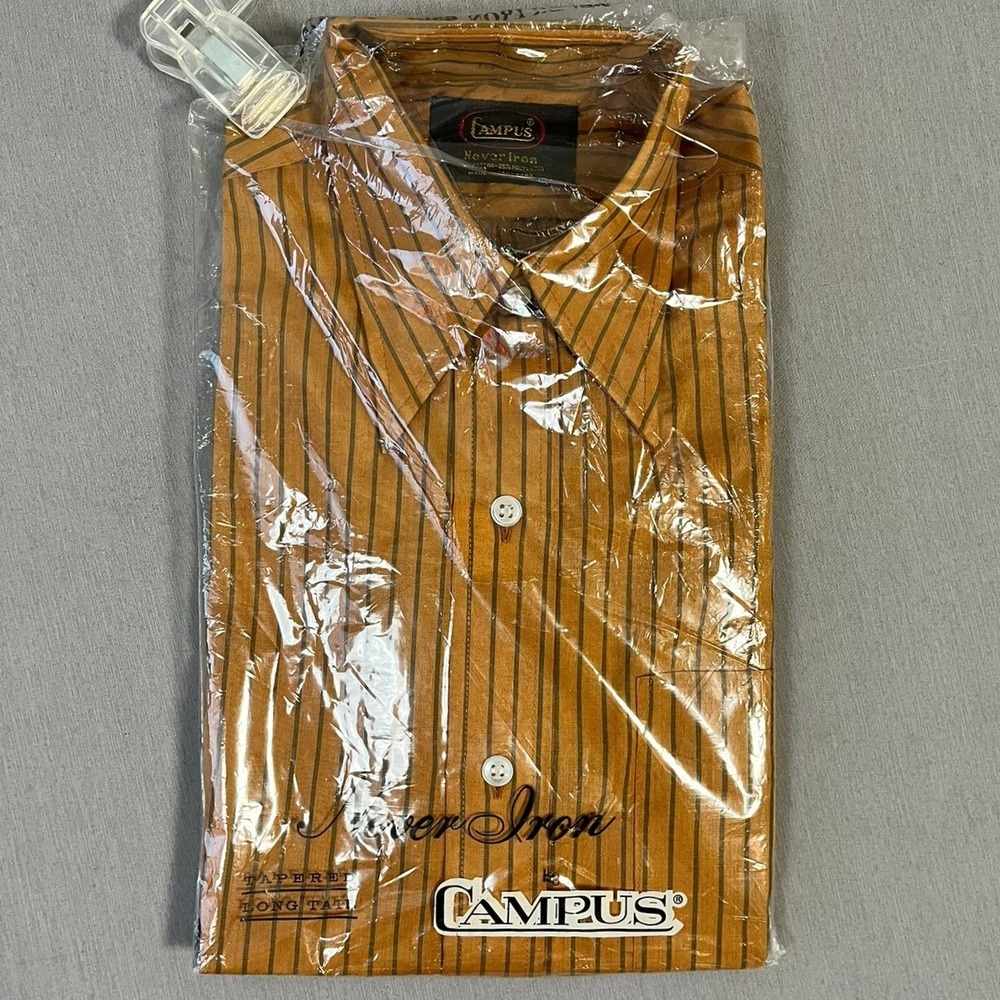 VTG Campus Button Down Shirt 15 Cotton Poly Striped Gold 70s Pointy CollarNIP
